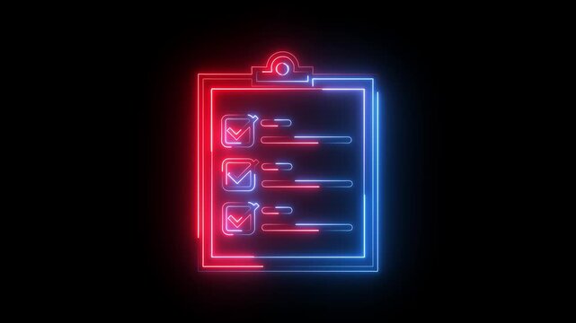 Glowing neon red and blue color clipboard with checklist icon animation business agreement document paper checkmark checkbox test note exam tick list sign symbol on black background