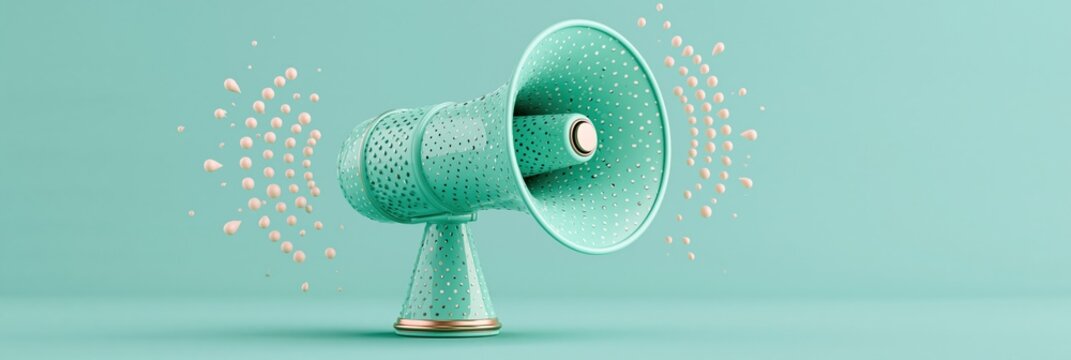 Teal megaphone with decorative particle bursts on pastel backdrop for minimal promotional banner and poster design in pastel minimalism