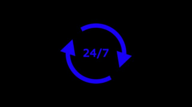 Minimalist Blue 24 7 Customer Support Service Icon Loop Animation with Rotating Arrows Graphic Overlay for Continuous Assistance Call Center Contact Us Help desk Nonstop Operations Screen.