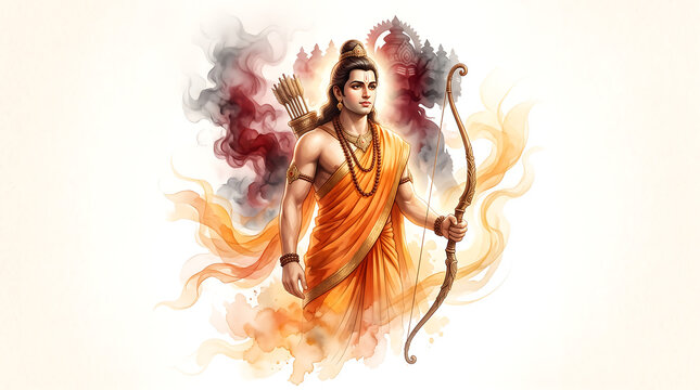 Warrior prince with bow and arrow standing against smoke background