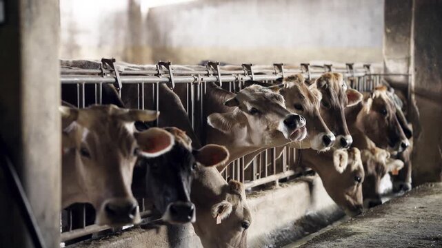 Row of dairy cows eating from a trough inside a stable. Agricultural scene showing livestock farming and milk and cheese production
