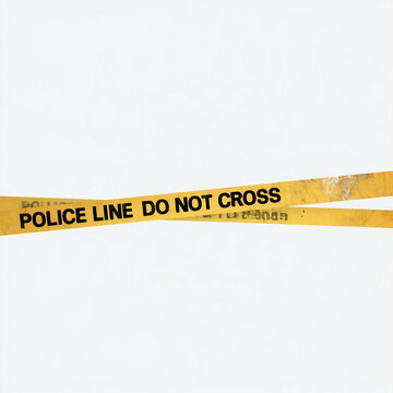 Old weathered yellow police line tape with repeated Police Line Do Not Cross warning text isolated on white background. Aged caution barrier banner with distressed texture for crime scene, law enforce