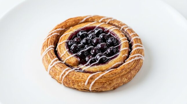 Fresh blueberry danish pastry with sugar glaze on white plate for breakfast and bakery promotion.