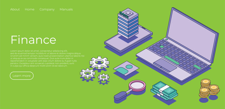 Isometric Corporate Finance and Digital Banking Landing Page Vector Illustration - Business Technology Concept with Laptop, Smartphone, Bank Building, Gears, Magnifying Glass, Cash, and Coins on Green