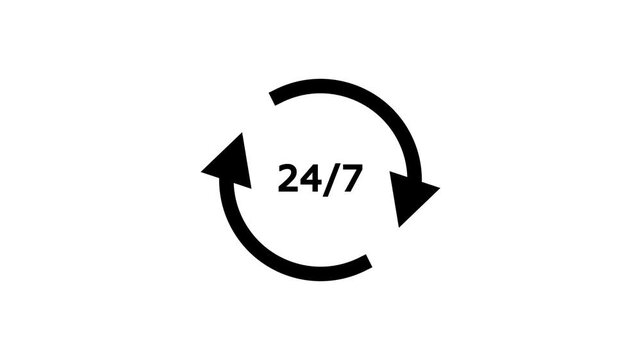 Minimalist Black 24 7 Customer Support Service Icon Loop Animation with Rotating Arrows Graphic Overlay for Continuous Assistance Call Center Contact Us Help desk Nonstop Operations Screen.