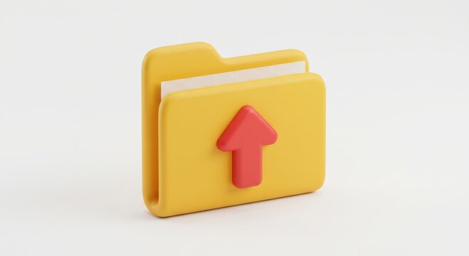 Yellow computer folder icon with red upload arrow for cloud storage interface.