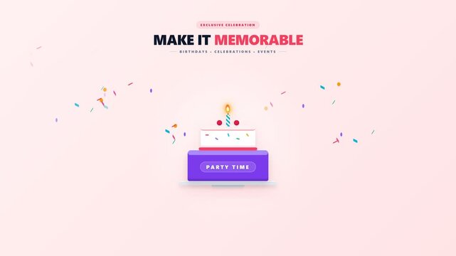Birthday party cake, celebration and event planning with colorful confetti, lit candle and announcement. Anniversary, surprise and festive design with copy space for marketing and advertising needs