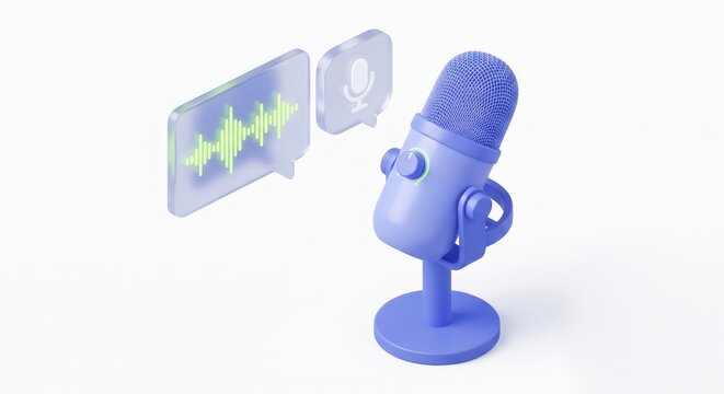 Blue microphone with neon green voice wave and chat icon on glass plates.