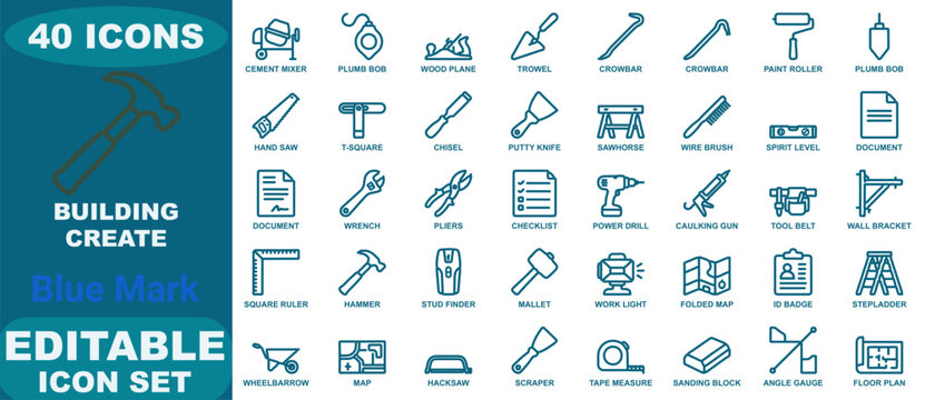 Set of 40 blue outline construction and building tool icons for architecture, renovation, and diy home improvement projects