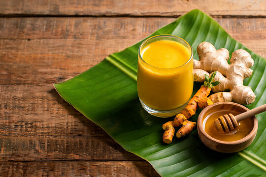 Golden turmeric herbal drink with fresh turmeric root and ginger