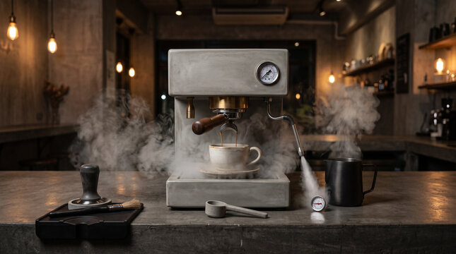 Espresso machine steaming coffee in cafe interior
