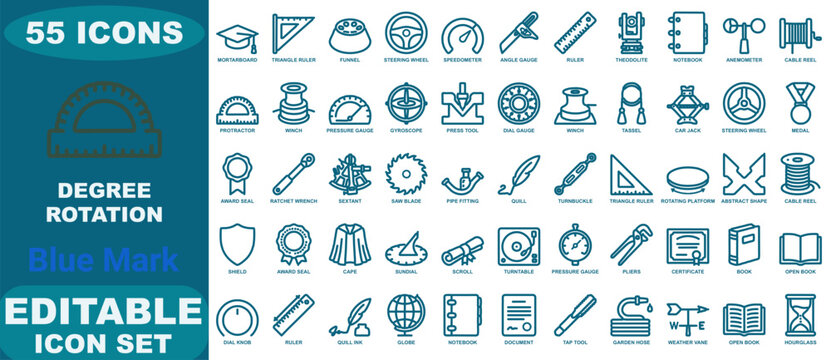 A comprehensive collection of fifty-five blue line icons representing various technical, educational, and mechanical measurement tools and
