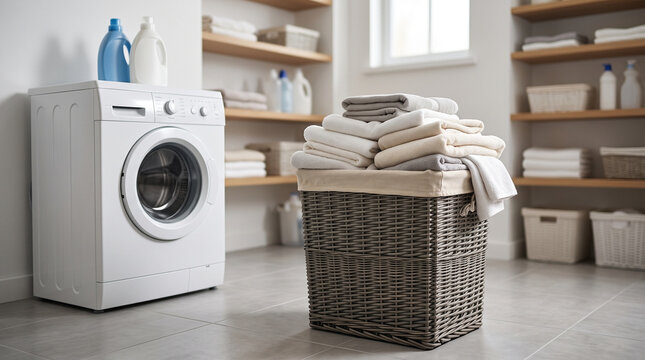 Laundry hamper with folded towels in laundry room