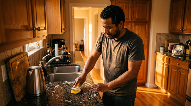 Man scrubbing kitchen counter
