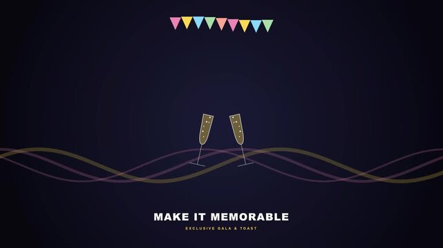 Party, gala and champagne toast for celebration, event invitation and anniversary at night. Festive, bunting and glasses for social gathering, luxury drink, elegant mood and exclusive dinner fun.