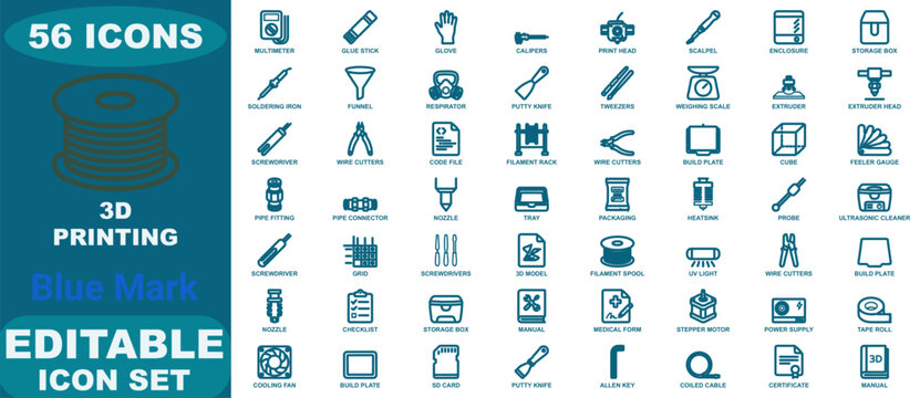 Comprehensive 3D printing icon set featuring 56 blue linear symbols for additive manufacturing tools, equipment, and technical components