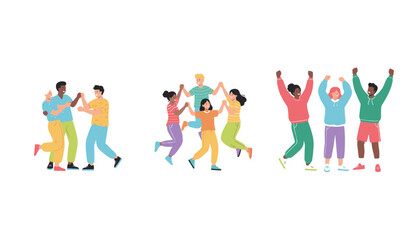 Fototapeta premium Multiple groups of diverse young people interacting celebrating and cheering with enthusiastic body language.
