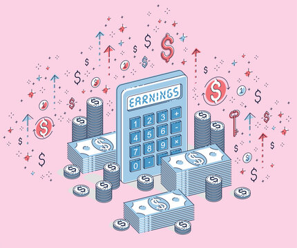Isometric Financial Earnings and Profit Calculation Vector Illustration - Revenue Growth Concept with Calculator, Money Bundles, Coin Stacks, and Rising Arrows on Pink Background