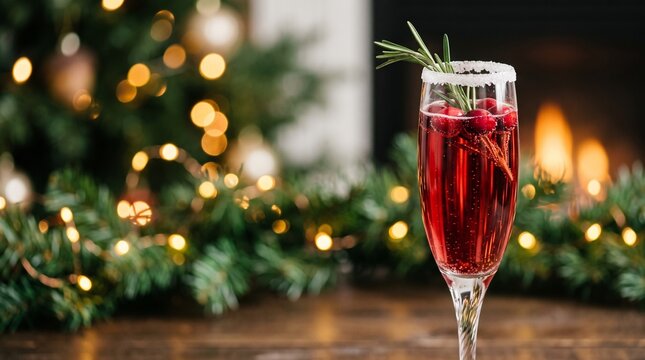 Festive Cranberry Champagne Cocktail Flute Garnished with Rosemary and Sugar Rim