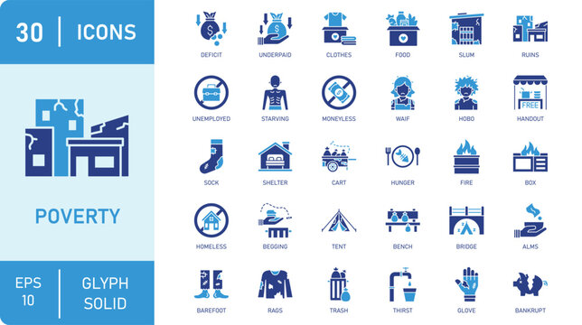 Poverty and homelessness social issue glyph icon set. Containing unemployed, starving child, poor slum housing, and more. Vector illustration