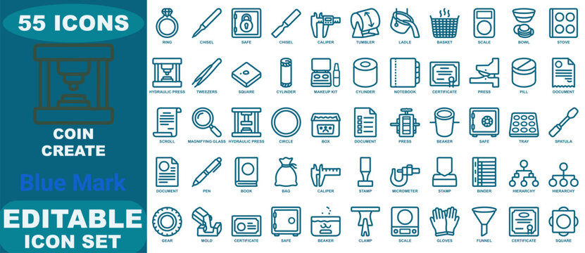 Fifty five blue outline icons related to coin creation and manufacturing, featuring various tools, measuring devices, and safety gear on white