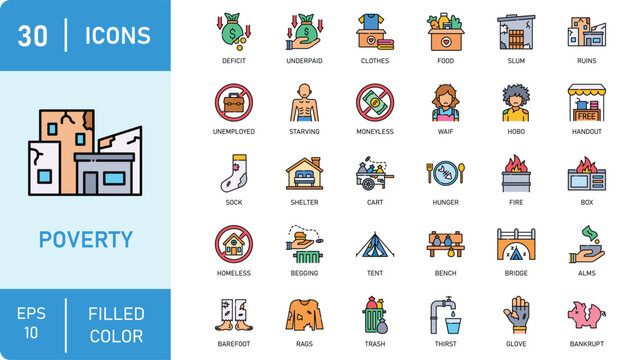 Poverty and homelessness social issue filled icon set. Containing unemployed, starving child, poor slum housing, and more. Vector illustration