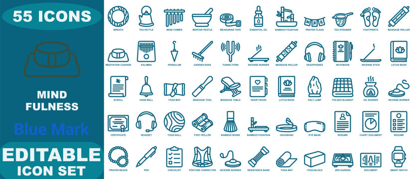 Fifty-five blue line icons for mindfulness and wellness featuring yoga equipment, meditation tools, health accessories, and relaxation