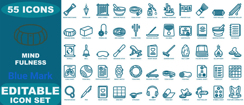 Fifty-five blue line icons for mindfulness and wellness featuring yoga equipment, meditation tools, health accessories, and relaxation