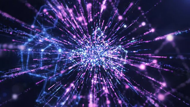 Abstract Glowing Particles Network Explosion - A dynamic abstract visualization of glowing particles emanating from a central point, forming an expanding network pattern.