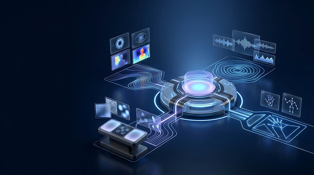 Futuristic technology interface, glowing blue digital data platform, abstract cyber security network, modern innovation background