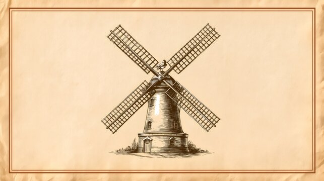 Traditional dutch windmill hand drawing on vintage parchment