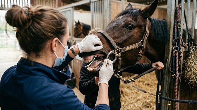 Female veterinarian wearing a surgical mask and gloves examining a horse's teeth and mouth using dental tools inside a stable stall.