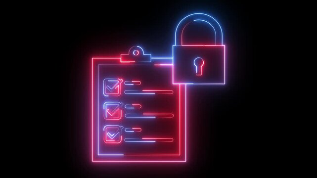 Glowing neon red and blue color clipboard with checklist security lock icon animation business agreement document paper checkmark checkbox test note exam tick list sign symbol on black background