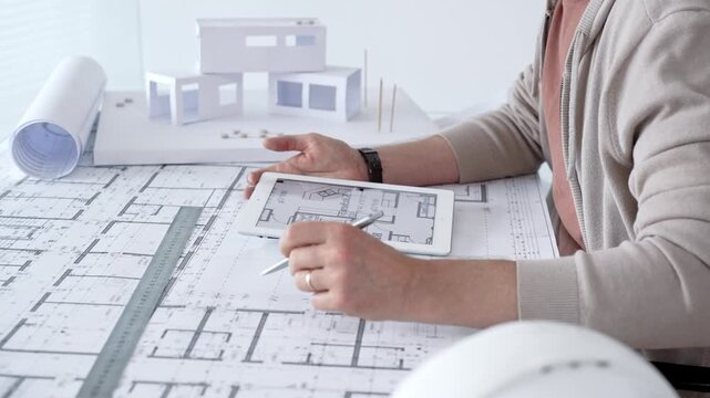Architect working on a new building design using a tablet with digital blueprint plans. Also showing paper blueprints. A ruler. And a scale model of a house on the desk