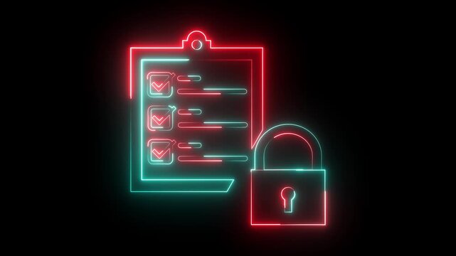 Glowing neon red and cyan color clipboard with checklist security lock icon animation business agreement document paper checkmark checkbox test note exam tick list sign symbol on black background