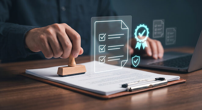 Businessman stamping a document with digital quality assurance