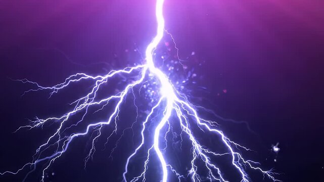 Bright Electric Lightning Strike on Gradient Background - A powerful, bright white lightning bolt flashes and branches out across a gradient background transitioning from dark purple to light magenta.