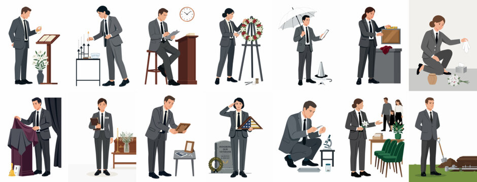 Collection of professional funeral directors and morticians performing various duties including service planning, floral arrangements, and graveside assistance in flat vector illustration style.