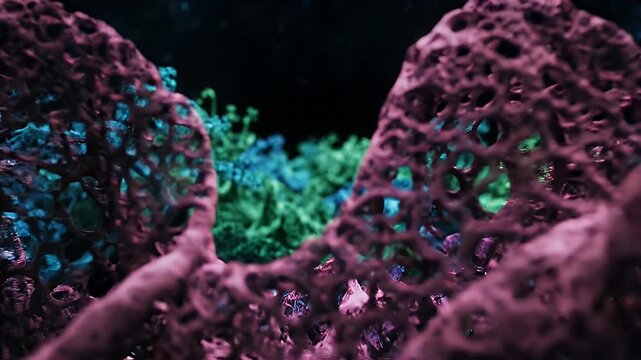 Abstract Organic Network Pattern on Dark Background - This video features intricate, abstract organic patterns in shades of deep purple and teal, set against a dark, out-of-focus background.