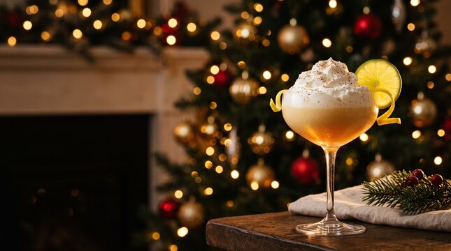 Creamy Holiday Eggnog Cocktail Garnished with Whipped Cream Lime Slice and Cinnamon