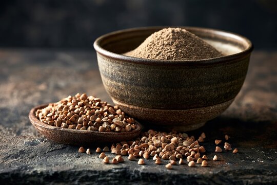 rustic bowl of finely ground buckwheat flour with whole buckwheat groats scattered on a dark stone surface in warm natural light