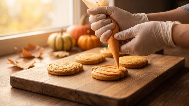 Gloved hands decorating pumpkin cookies with orange icing beside autumn pumpkins and leaves on a wooden board by a window. Concept of holiday preparation, seasonal celebration and autumn traditions