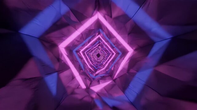 Vibrant Geometric Tunnel Animation - A dazzling tunnel of geometric shapes and lines pulsates with vibrant pink and blue light.