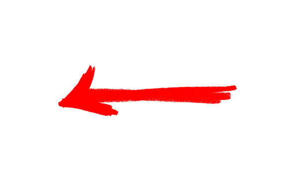 Red grunge brush arrow pointing left, thick hand painted marker stroke with dry rough edges and bold arrowhead, red ink vector isolated on white background and business concepts and creative projects