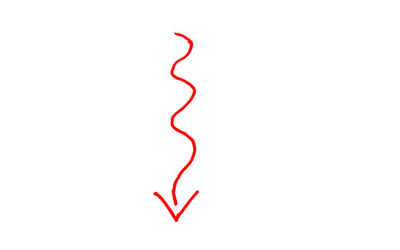 Thin vertical red wavy arrow pointing down, hand drawn squiggle line with hollow V arrowhead, delicate scroll down doodle, red ink vector isolated on white background and business concepts