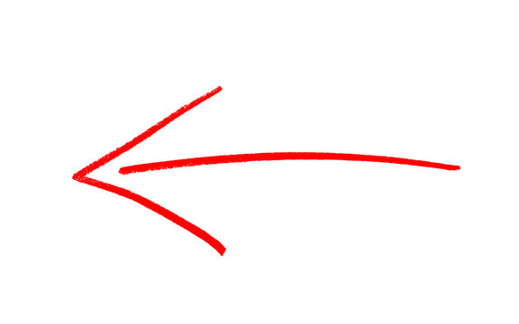 Thin red arrow pointing left with long straight line, hand drawn open arrowhead, delicate minimal brush sketch pointer, red ink vector isolated on white background and business concepts