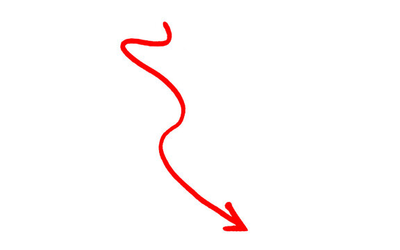 Simple red diagonal arrow pointing down left, hand drawn brush line with open arrowhead, minimal sketch pointer, red ink vector isolated on white background and business concepts and creative projects
