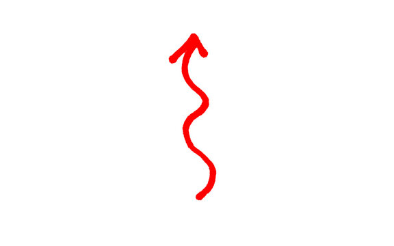 Vertical red wavy arrow pointing up, thick hand drawn squiggle brush stroke with bold arrowhead, growth pointer, red ink vector isolated on white background and business concepts and creative projects