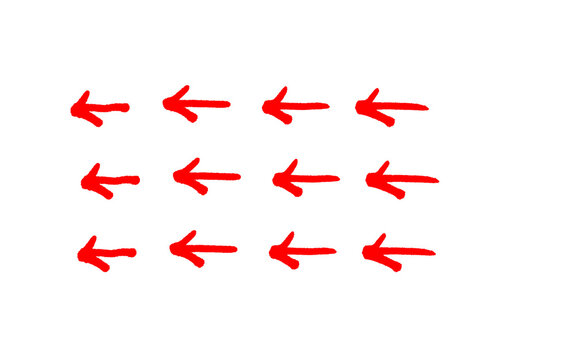 Red arrow pattern of small hand drawn arrows pointing left in three rows, seamless style marker doodle set, red ink vector isolated on white background and business concepts and creative projects