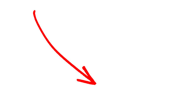 Thin red curved arrow from top left pointing down right, hand drawn sketch line with sharp arrowhead, red ink vector isolated on white background for infographic, presentation, banner and web design